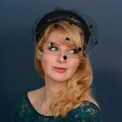 Black Headband Fascinator with Polka Dot Sequin Birdcage Veil