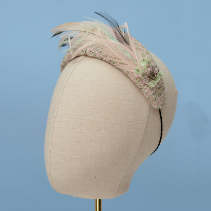 Tweed Pink and Mint Green Bandeau Fascinator with Feather Mount