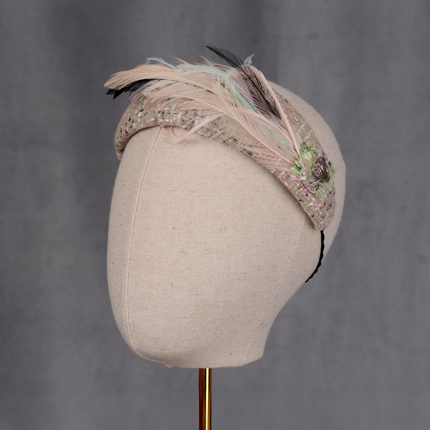 Tweed Pink and Mint Green Bandeau Fascinator with Feather Mount