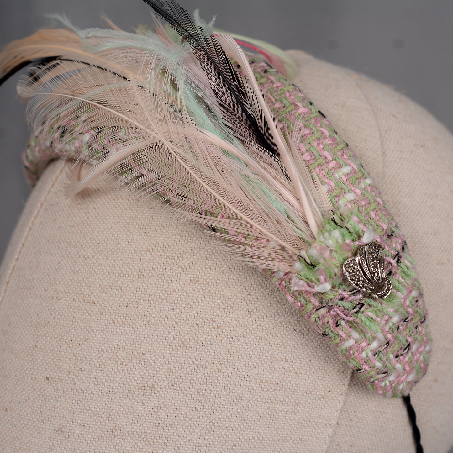 Tweed Pink and Mint Green Bandeau Fascinator with Feather Mount