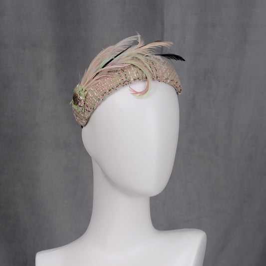 Tweed Pink and Mint Green Bandeau Fascinator with Feather Mount