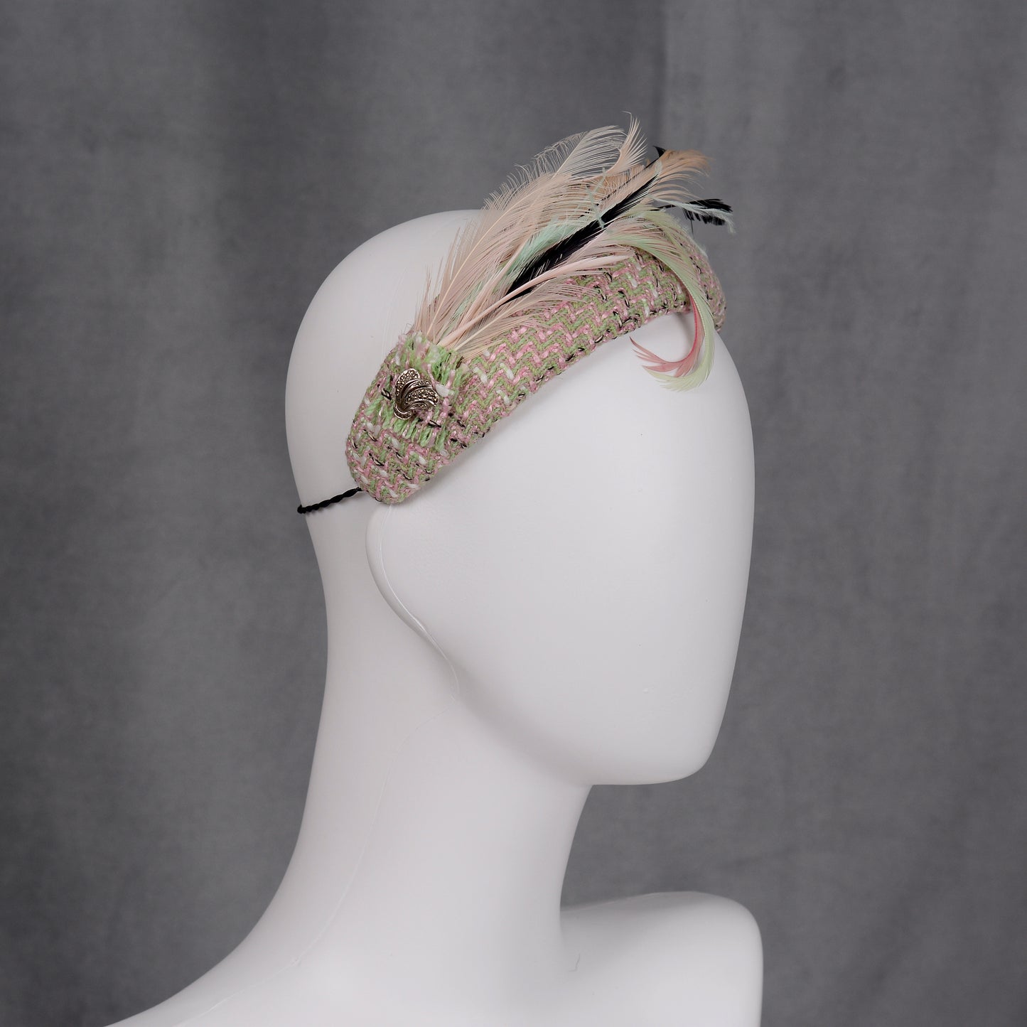 Tweed Pink and Mint Green Bandeau Fascinator with Feather Mount