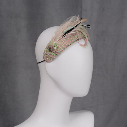 Tweed Pink and Mint Green Bandeau Fascinator with Feather Mount