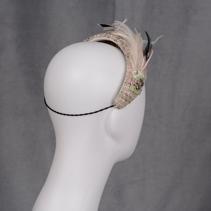 Tweed Pink and Mint Green Bandeau Fascinator with Feather Mount