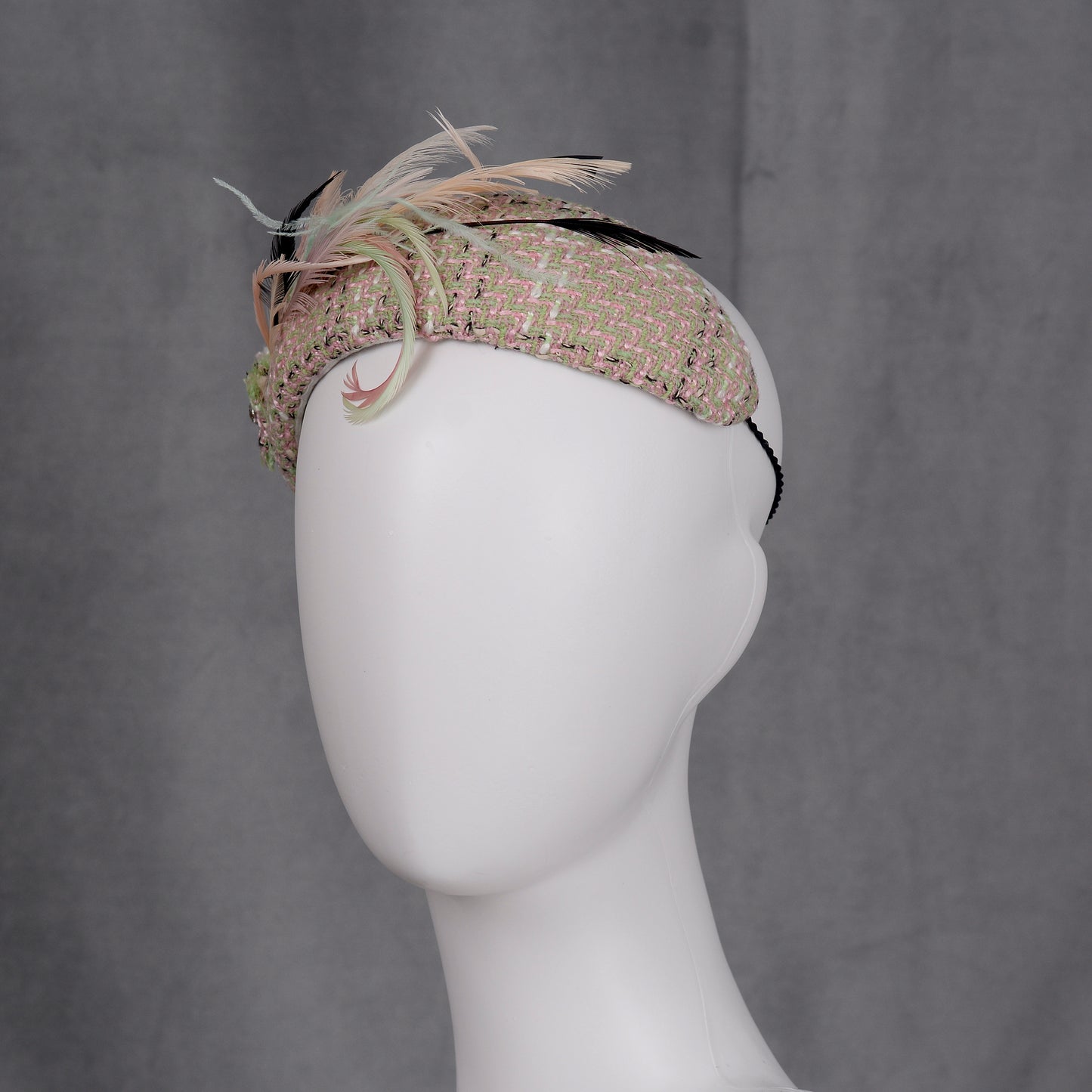 Tweed Pink and Mint Green Bandeau Fascinator with Feather Mount