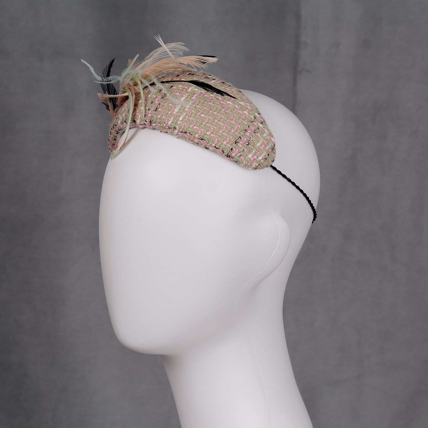 Tweed Pink and Mint Green Bandeau Fascinator with Feather Mount