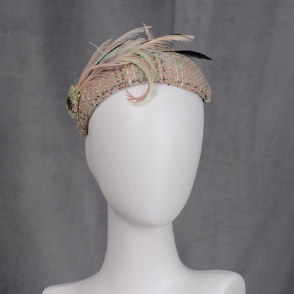 Tweed Pink and Mint Green Bandeau Fascinator with Feather Mount