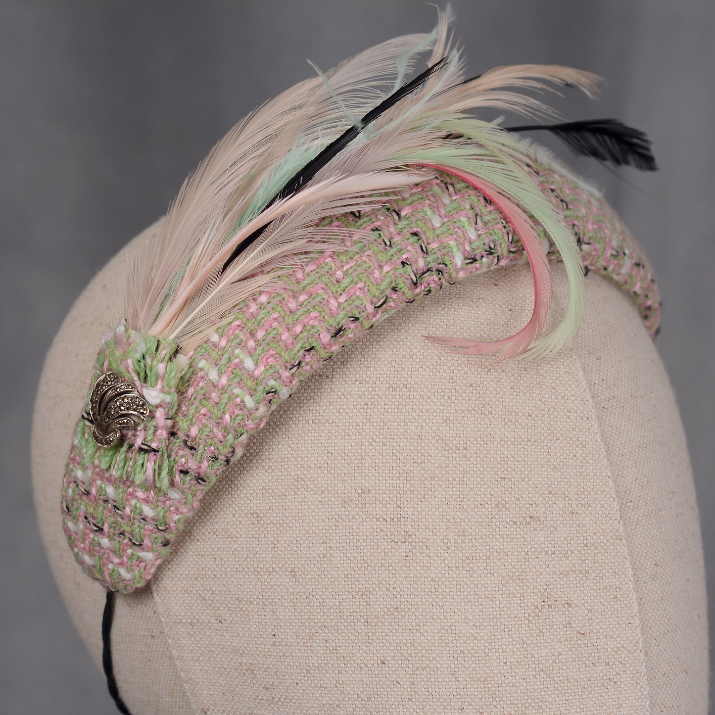 Tweed Pink and Mint Green Bandeau Fascinator with Feather Mount
