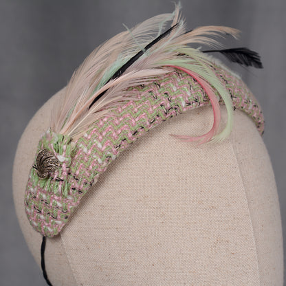 Tweed Pink and Mint Green Bandeau Fascinator with Feather Mount