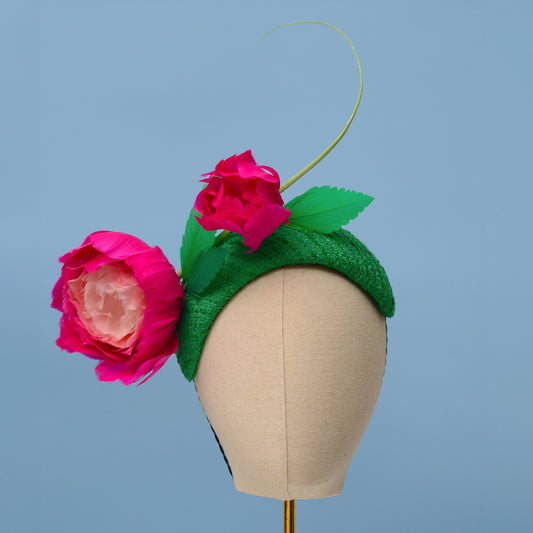 Pink and Green Giant Feather Rose Bandeau Headband Fascinator