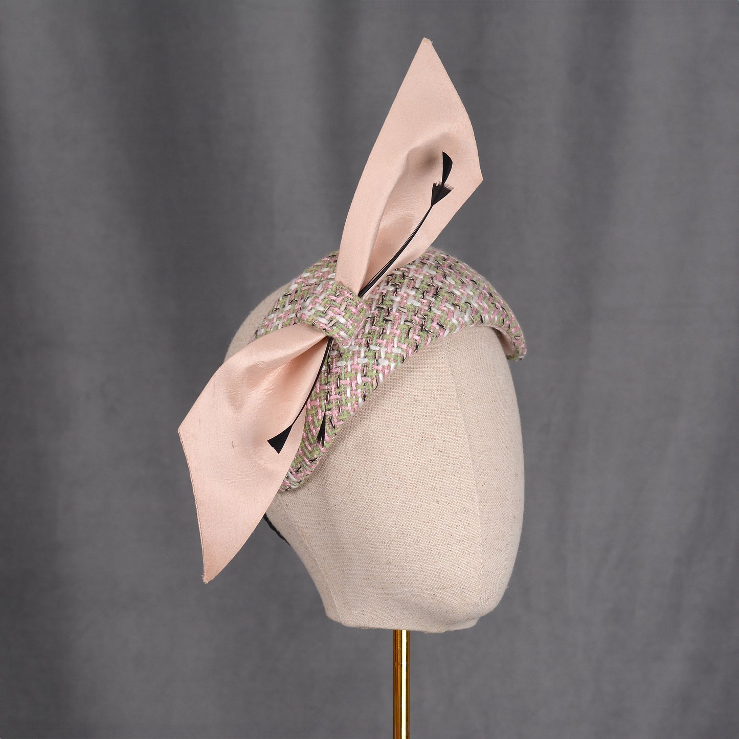 Tweed Pink and Mint Green Giant Bow Bandeau Fascinator