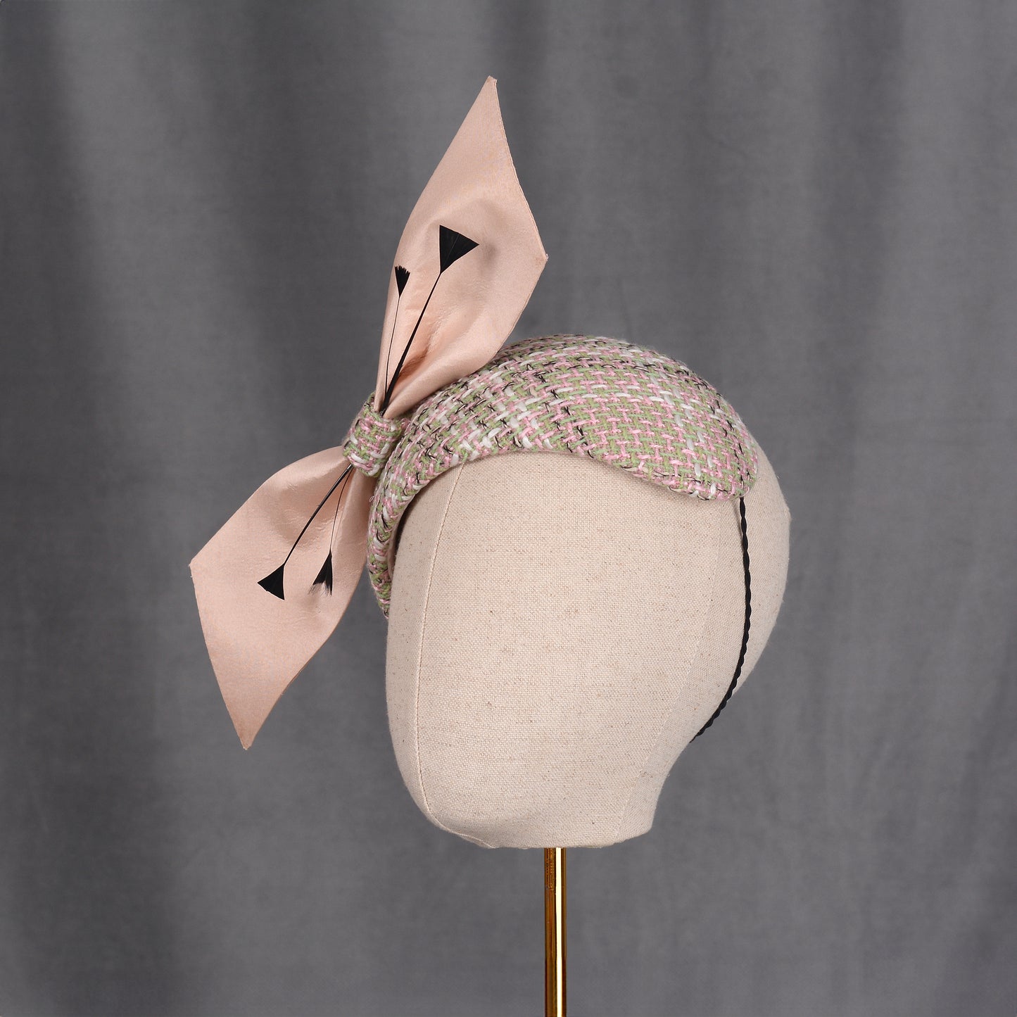 Tweed Pink and Mint Green Giant Bow Bandeau Fascinator