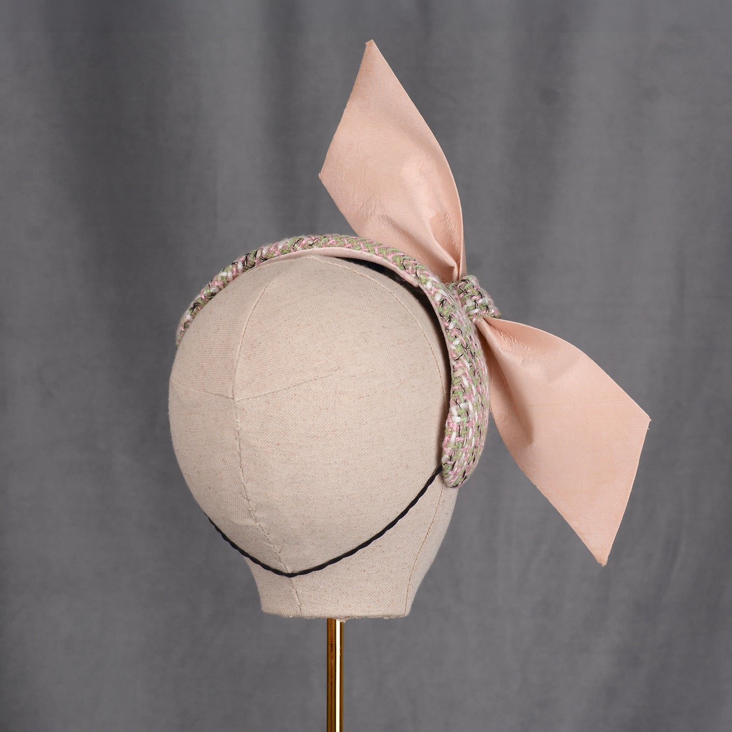 Tweed Pink and Mint Green Giant Bow Bandeau Fascinator