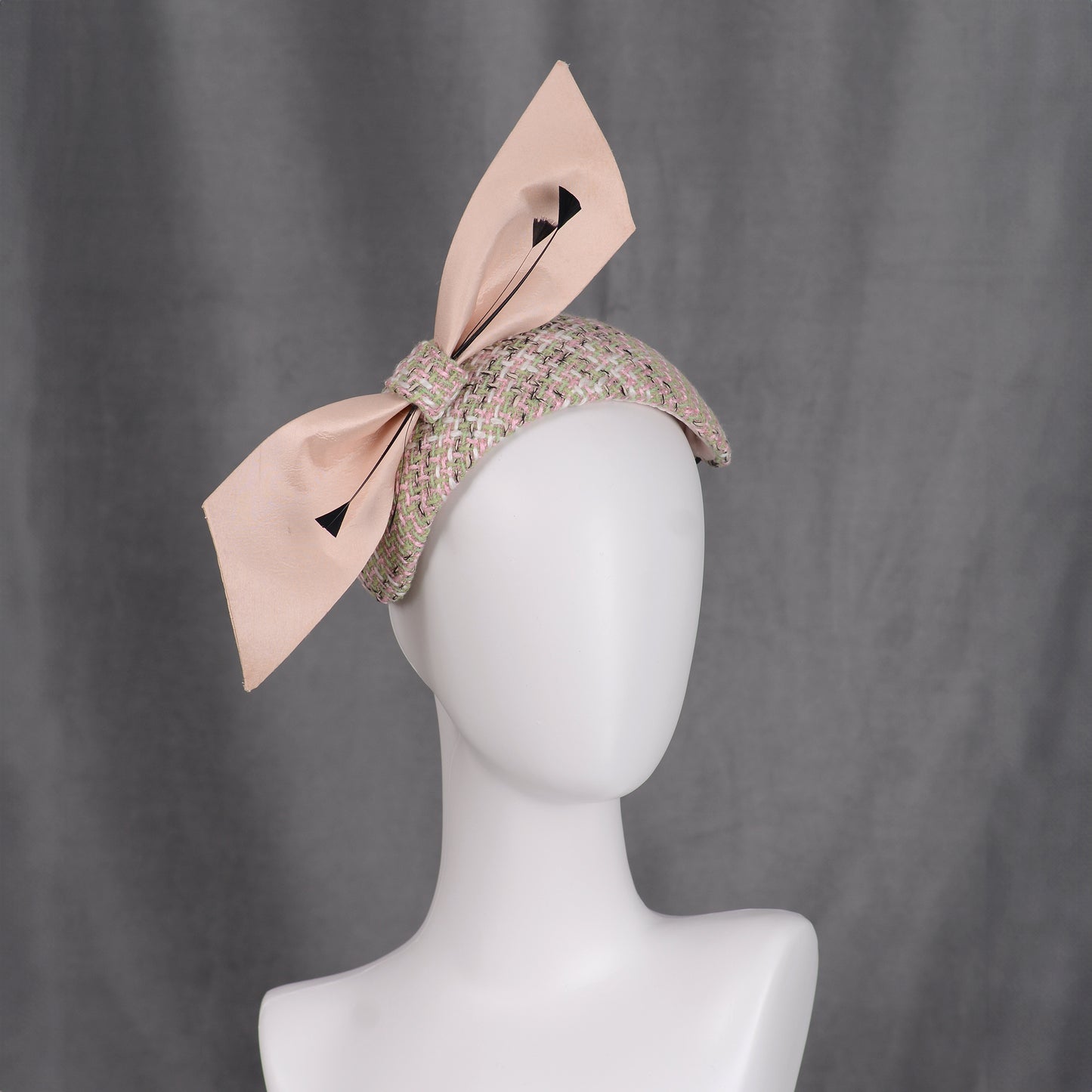 Tweed Pink and Mint Green Giant Bow Bandeau Fascinator