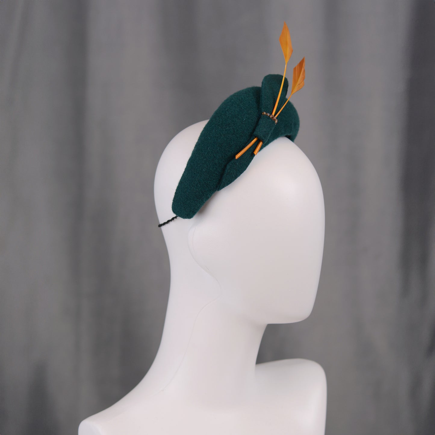 Teal Wool Bandeau Headband Fascinator With Gold Feather Detail