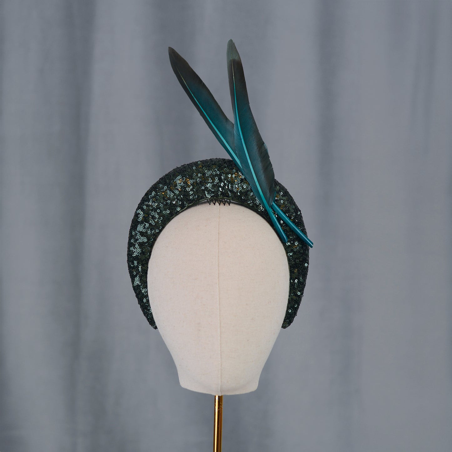 Deep Green Sequin Bandeau Headband Fascinator With Teal Feather Trim