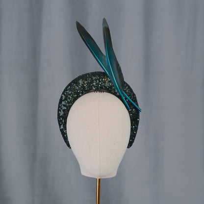 Deep Green Sequin Bandeau Headband Fascinator With Teal Feather Trim