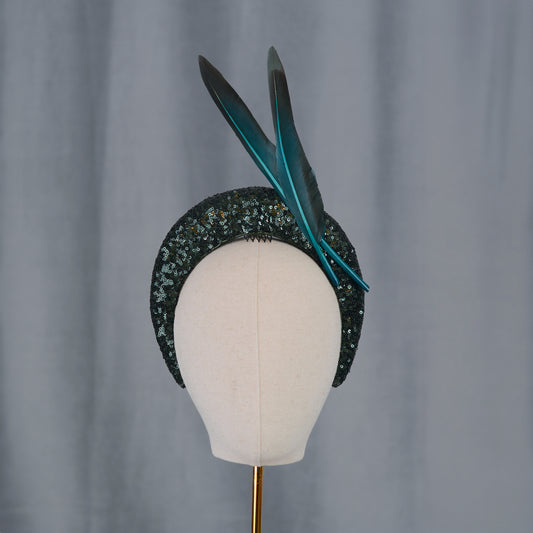 Deep Green Sequin Bandeau Headband Fascinator With Teal Feather Trim