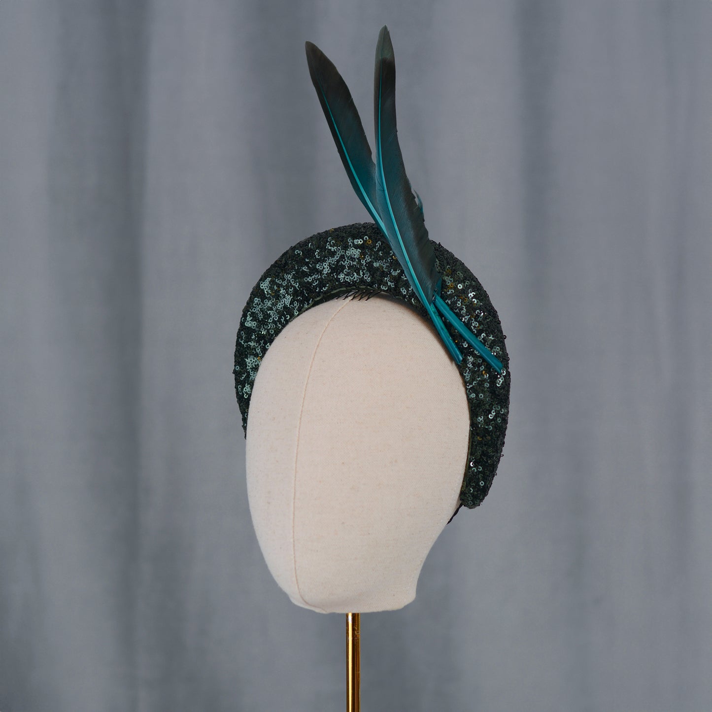 Deep Green Sequin Bandeau Headband Fascinator With Teal Feather Trim