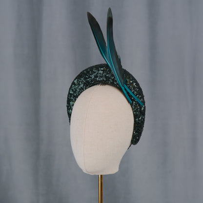 Deep Green Sequin Bandeau Headband Fascinator With Teal Feather Trim