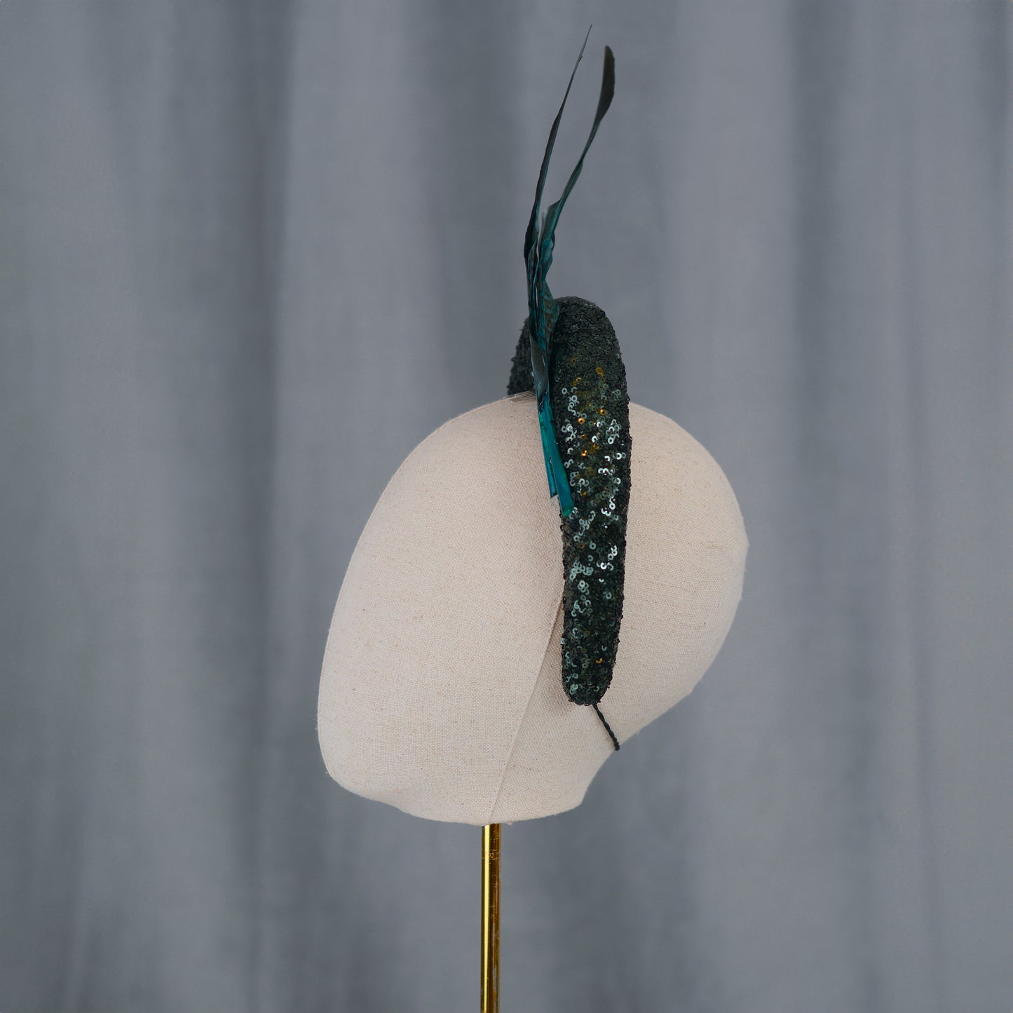 Deep Green Sequin Bandeau Headband Fascinator With Teal Feather Trim