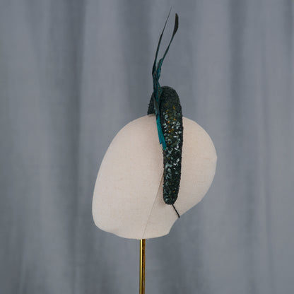 Deep Green Sequin Bandeau Headband Fascinator With Teal Feather Trim