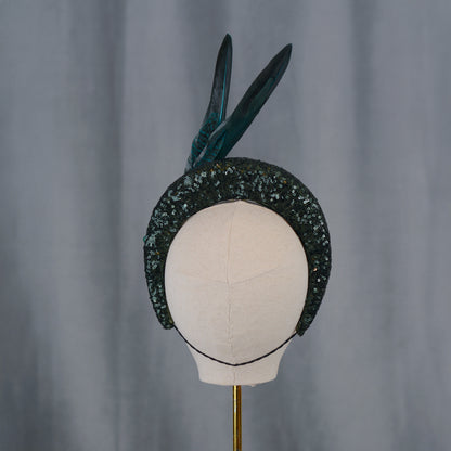 Deep Green Sequin Bandeau Headband Fascinator With Teal Feather Trim