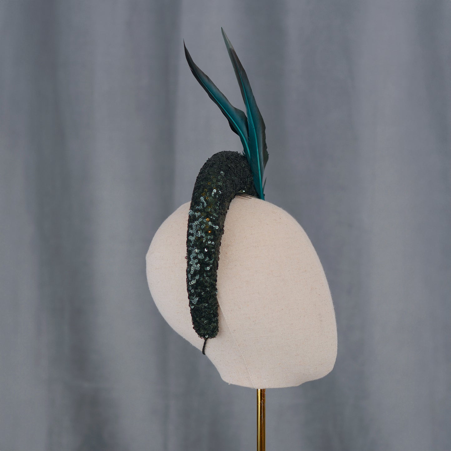 Deep Green Sequin Bandeau Headband Fascinator With Teal Feather Trim