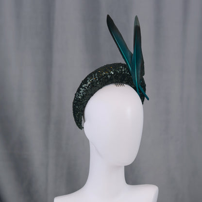 Deep Green Sequin Bandeau Headband Fascinator With Teal Feather Trim