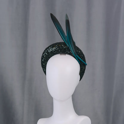 Deep Green Sequin Bandeau Headband Fascinator With Teal Feather Trim