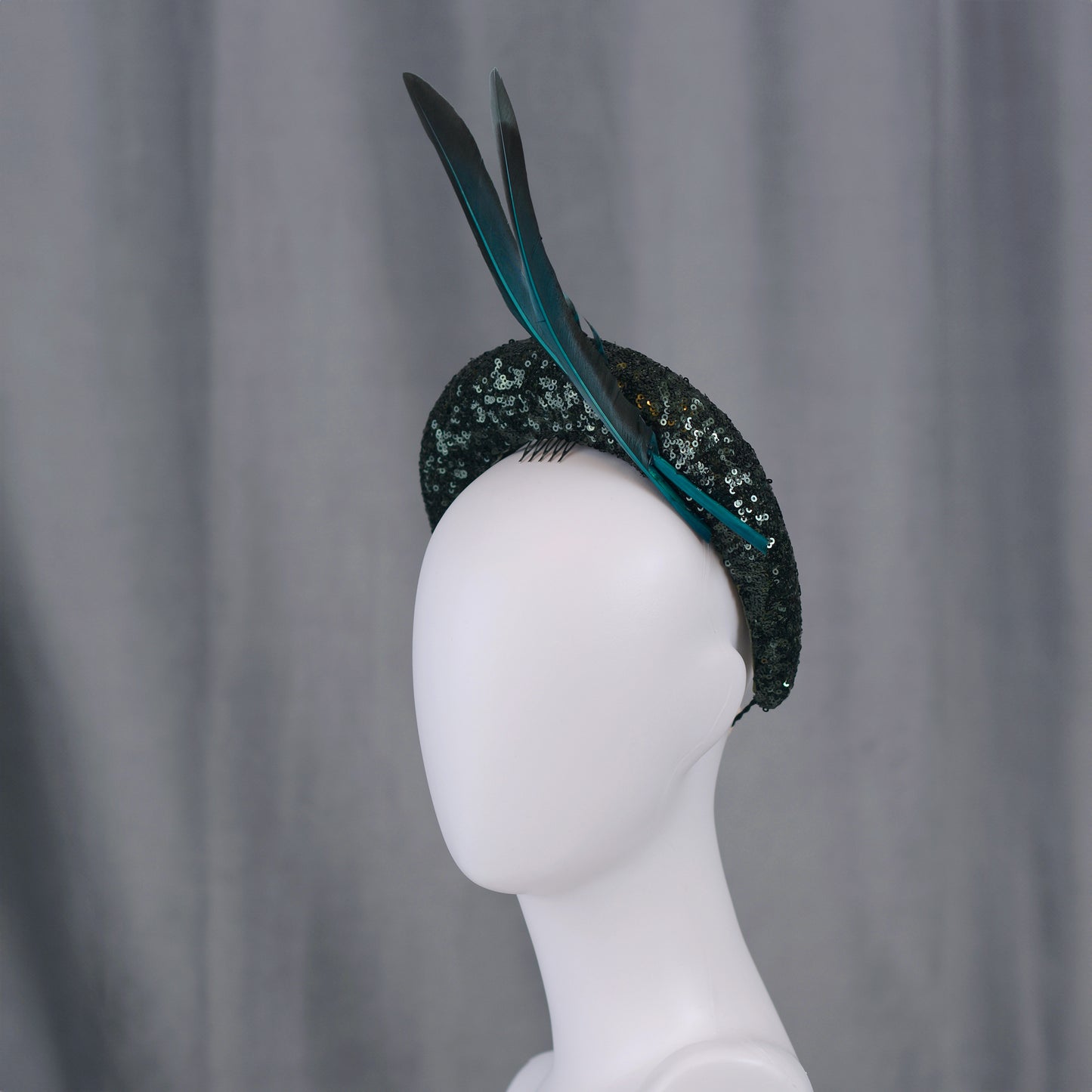Deep Green Sequin Bandeau Headband Fascinator With Teal Feather Trim