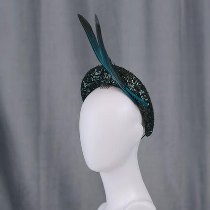 Deep Green Sequin Bandeau Headband Fascinator With Teal Feather Trim