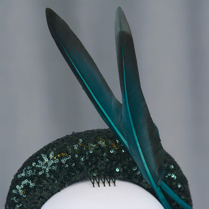Deep Green Sequin Bandeau Headband Fascinator With Teal Feather Trim