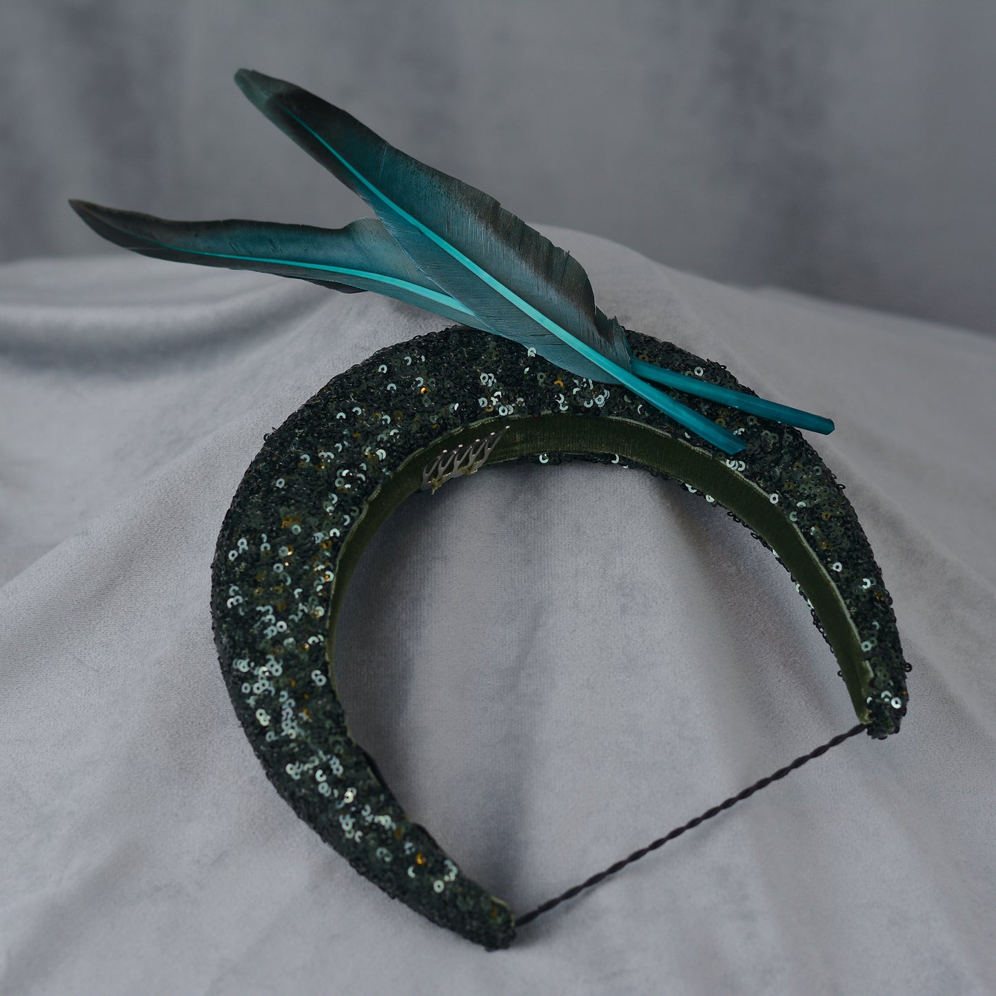 Deep Green Sequin Bandeau Headband Fascinator With Teal Feather Trim