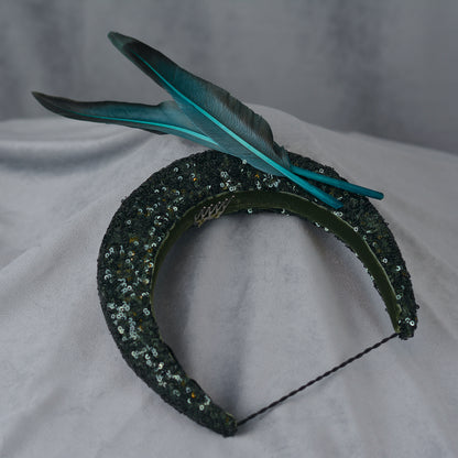 Deep Green Sequin Bandeau Headband Fascinator With Teal Feather Trim