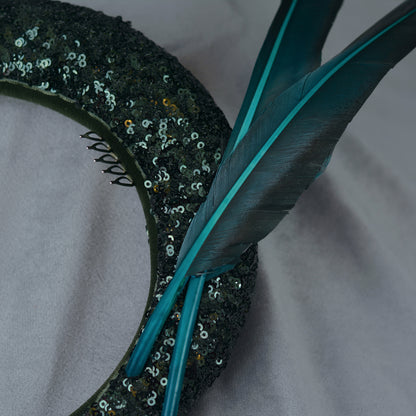 Deep Green Sequin Bandeau Headband Fascinator With Teal Feather Trim