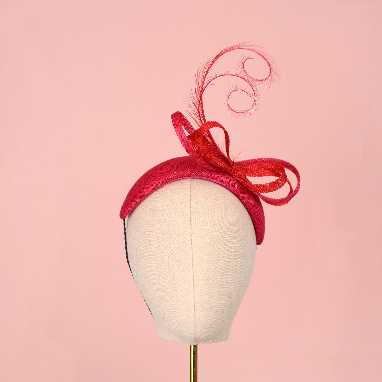Pink and Red Tonal Fascinator Bandeau with Bow and Feathers
