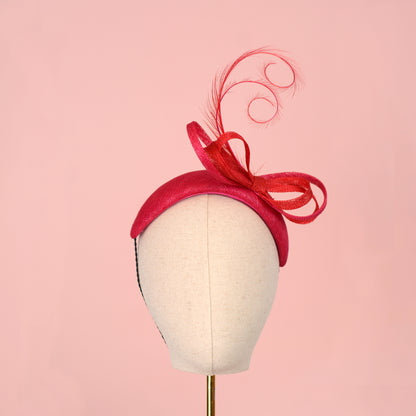 Pink and Red Tonal Fascinator Bandeau with Bow and Feathers