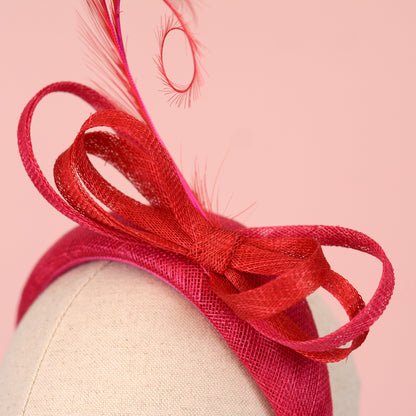 Pink and Red Tonal Fascinator Bandeau with Bow and Feathers