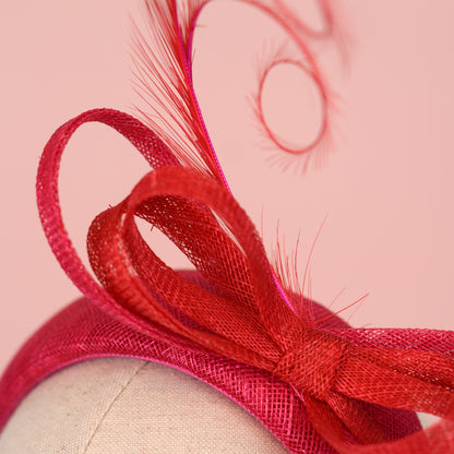 Pink and Red Tonal Fascinator Bandeau with Bow and Feathers