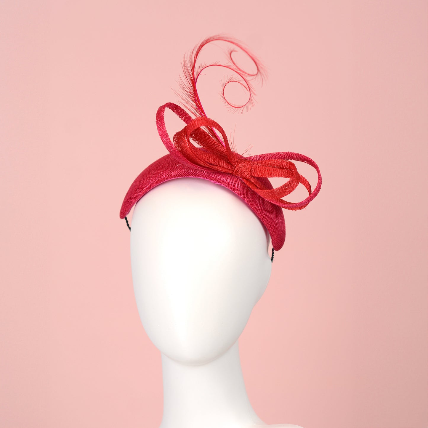 Pink and Red Tonal Fascinator Bandeau with Bow and Feathers