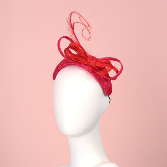 Pink and Red Tonal Fascinator Bandeau with Bow and Feathers