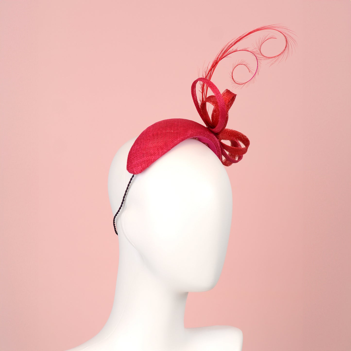 Pink and Red Tonal Fascinator Bandeau with Bow and Feathers
