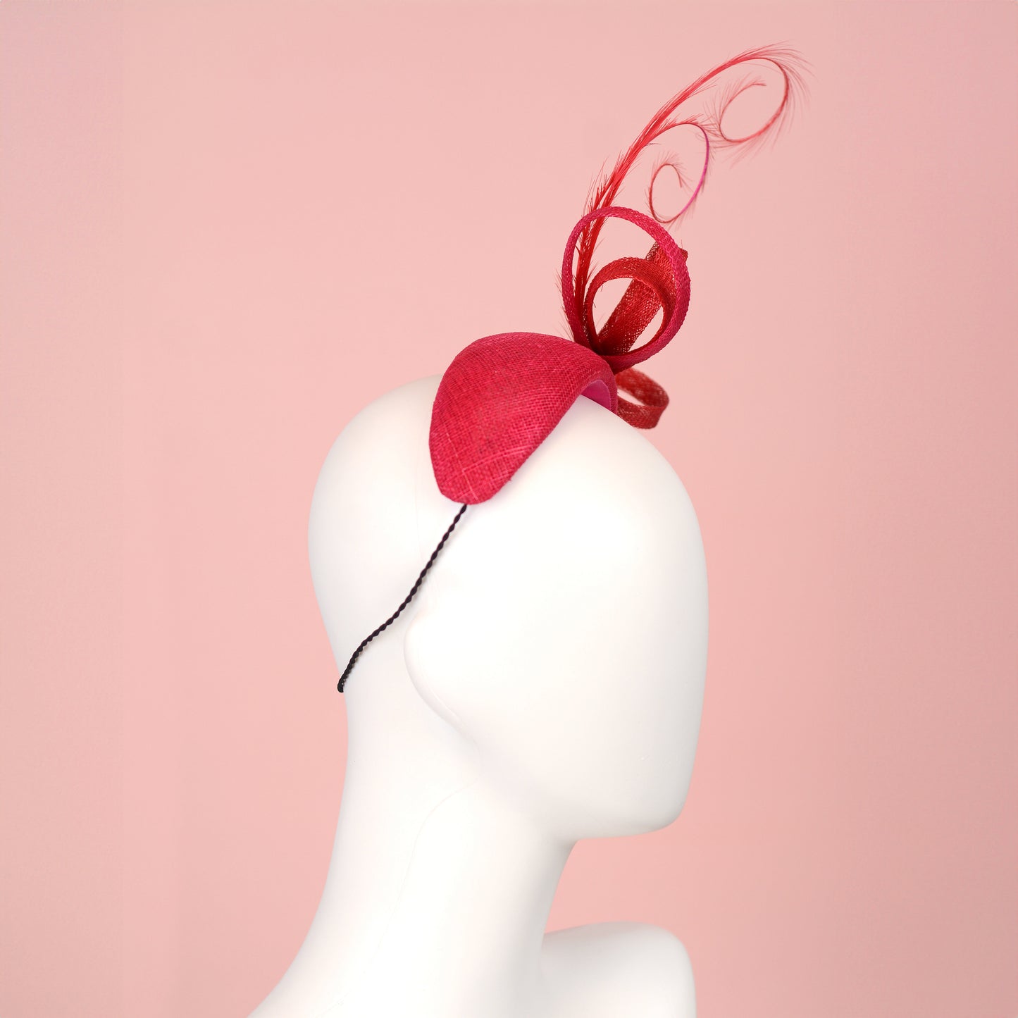 Pink and Red Tonal Fascinator Bandeau with Bow and Feathers