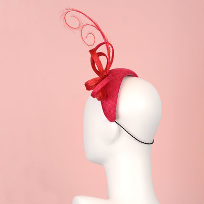 Pink and Red Tonal Fascinator Bandeau with Bow and Feathers