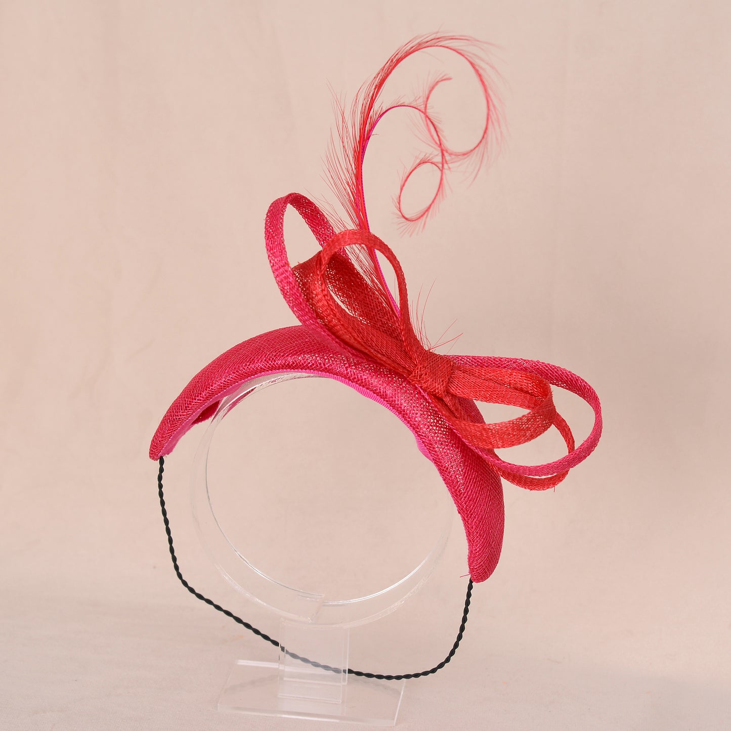 Pink and Red Tonal Fascinator Bandeau with Bow and Feathers