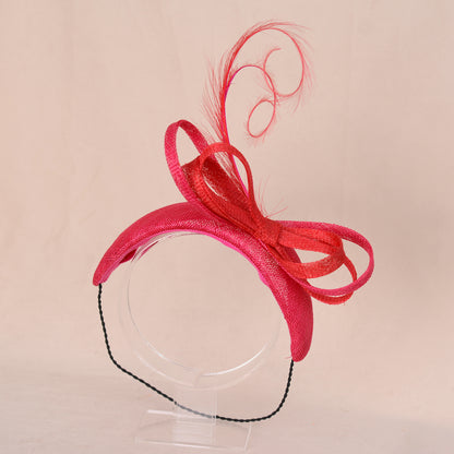 Pink and Red Tonal Fascinator Bandeau with Bow and Feathers