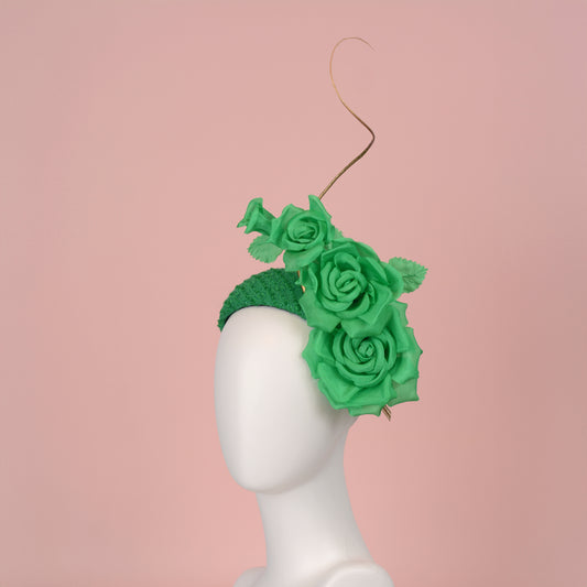Headband Fascinator Emerald Green Giant Rose Bandeau With Gold Quill