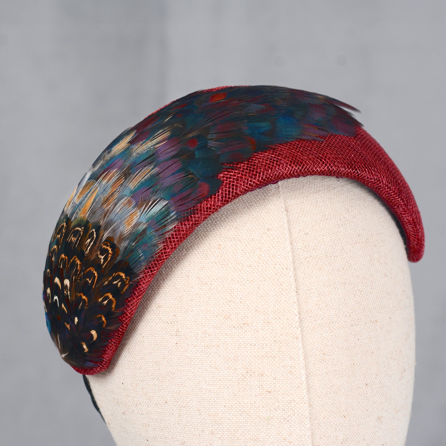 Burgundy and Pheasant Feather Bandeau Headband Fascinator