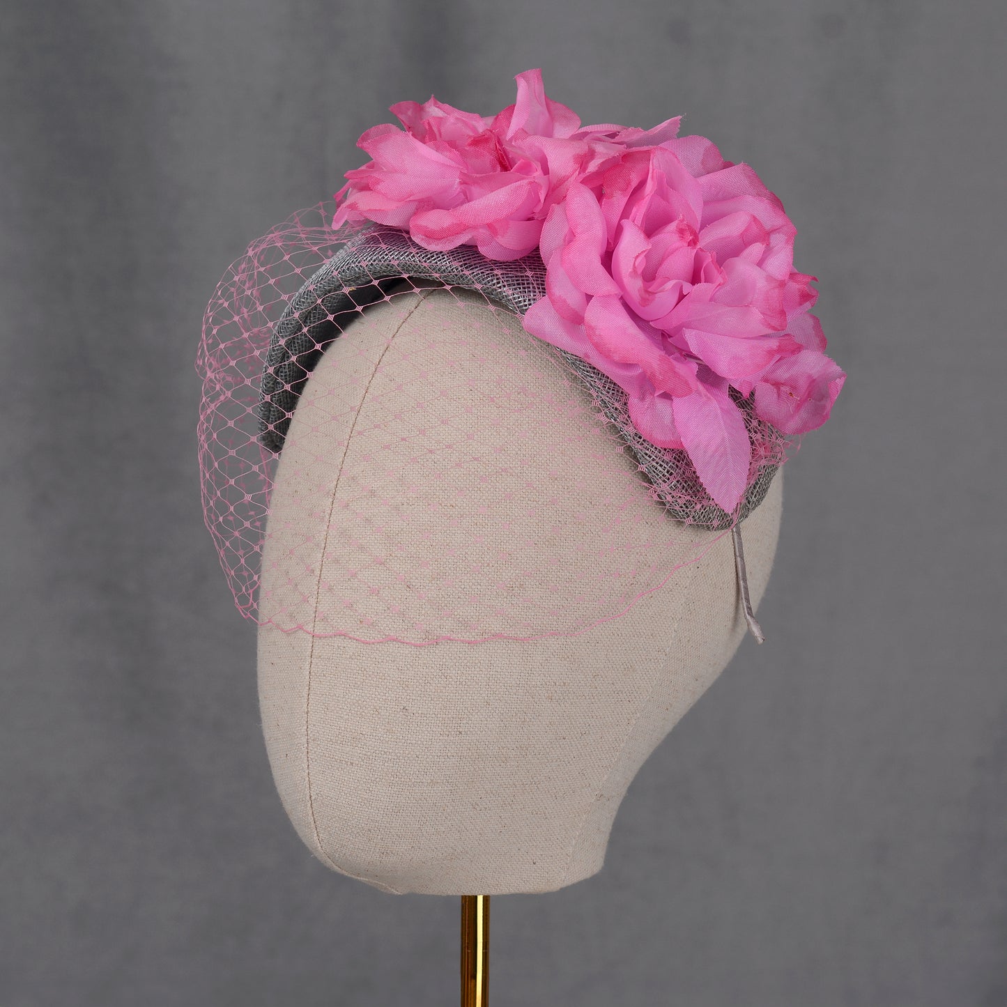 Grey and Pink Bandeau Headband Fascinator with Flowers and Net Veil